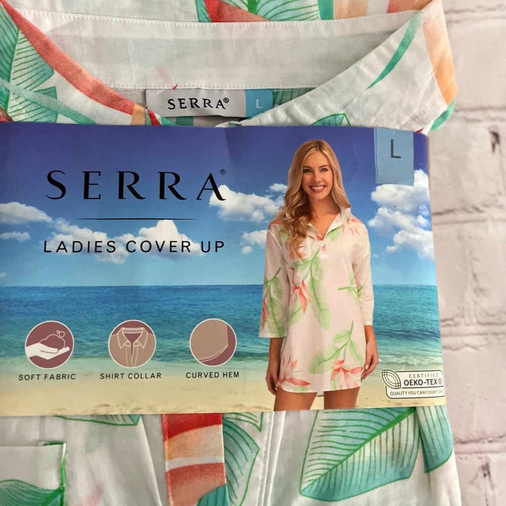 SERRA Colorful Floral Ladies’ Swim Suit Cover Up V Neck Tassel Trim Sz Large